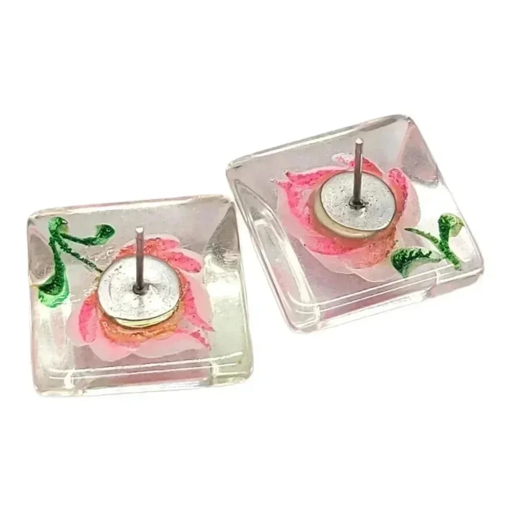 Clear Lucite Square 3D Pink Flower Post Back Earrings Vintage 0.75